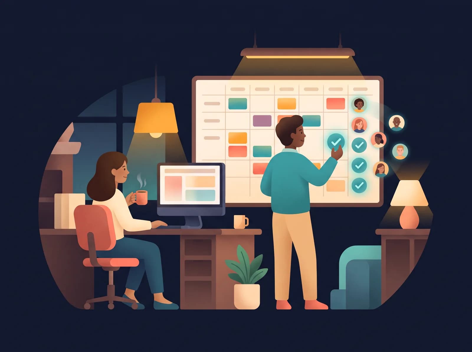 An operations team at a shift board, with worker portraits slotting into shifts and getting ticked off
