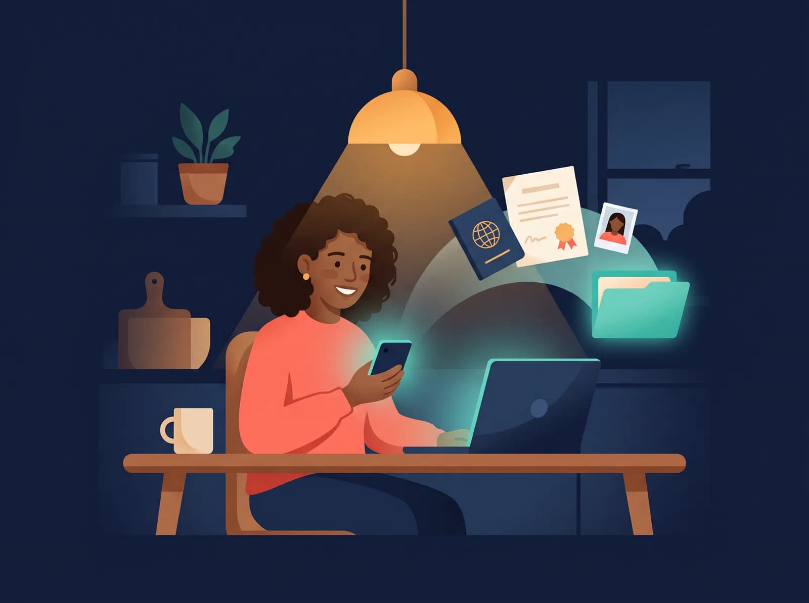 A woman at her kitchen table applying on her phone while her passport, certificate and photo float into a folder