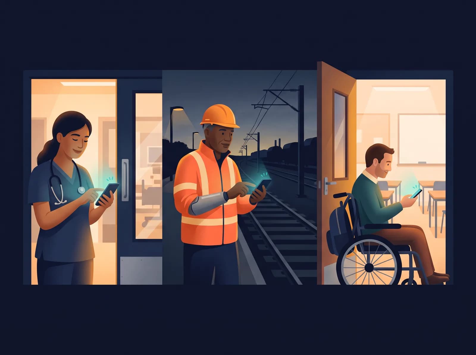 A nurse, a rail engineer and a teacher each clocking in on their phones at the start of a shift