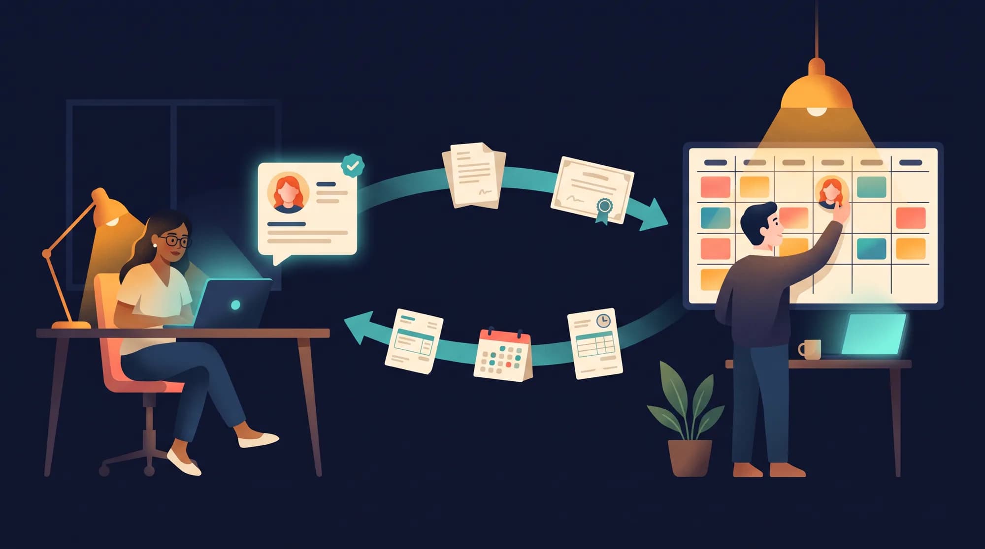 A recruiter at her ATS desk and an operations coordinator at a shift board, with candidate profiles and documents flowing one way and timesheets and pay flowing back